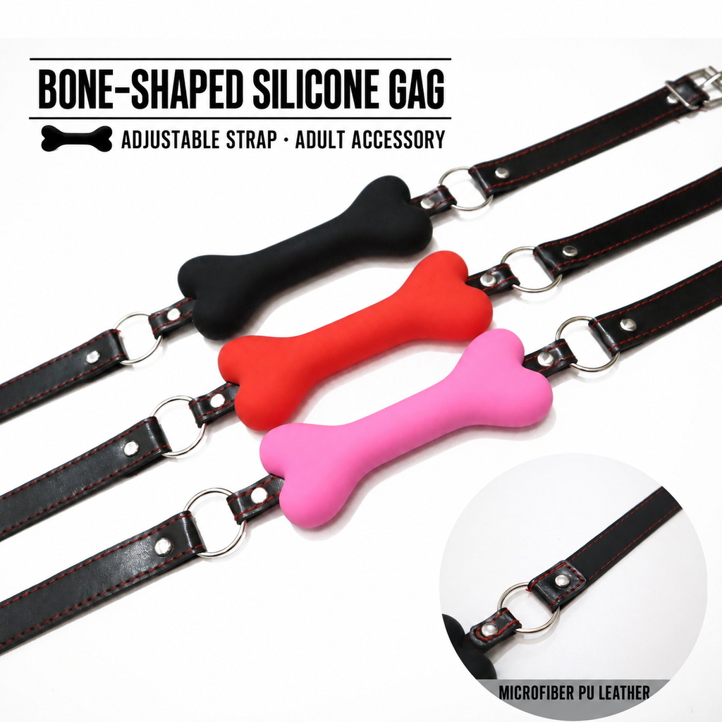 Bone-shaped silicone gag in black, red and pink with adjustable strap and microfiber PU leather detail