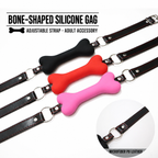 Bone-shaped silicone gag in black, red and pink with adjustable strap and microfiber PU leather detail