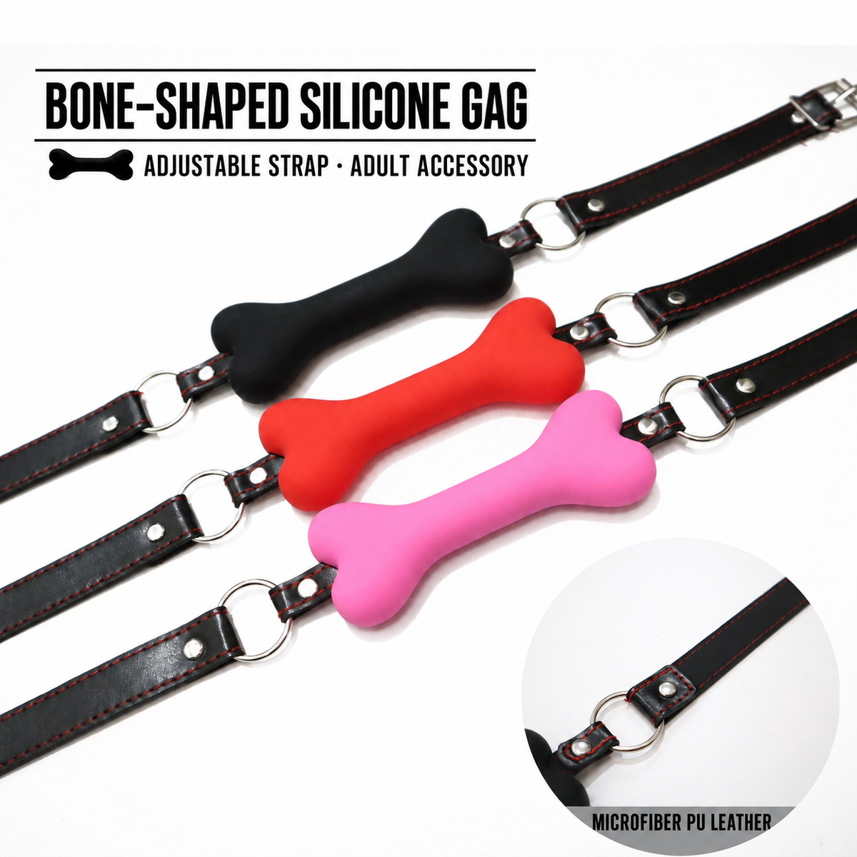 Bone-shaped silicone gag in black, red and pink with adjustable strap and microfiber PU leather detail