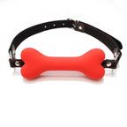 Red bone-shaped silicone mouthpiece with adjustable black PU strap